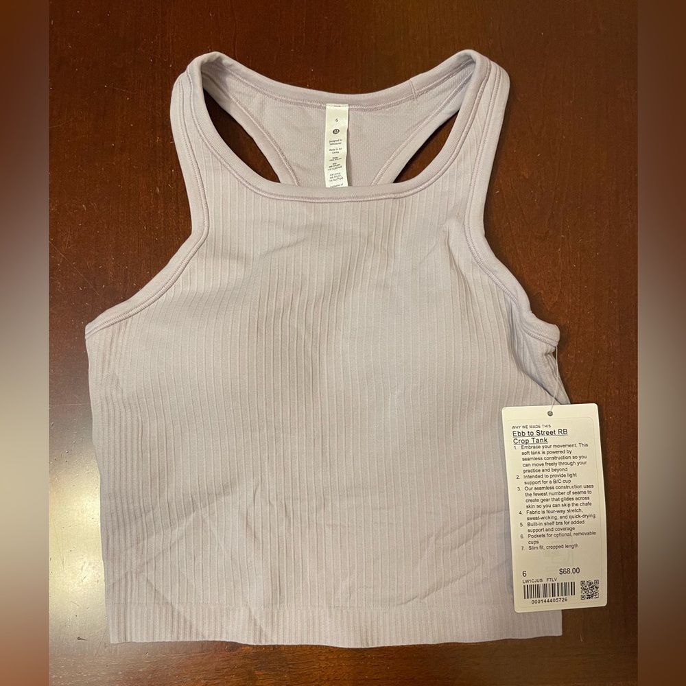 Lululemon Ebb to Street Crop Tank “Faint Lavender” NWT